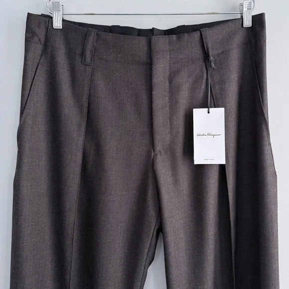 NWT Ferragamo Men’s Pleated Wool Trousers Toni Ganache Brown 52 IT US 36 Pants